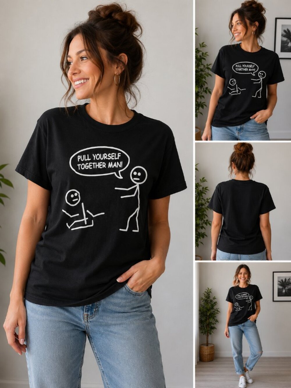 Brisco Brands Pull Yourself Together Man Funny Stick Figure Graphic T Shirt Blac
